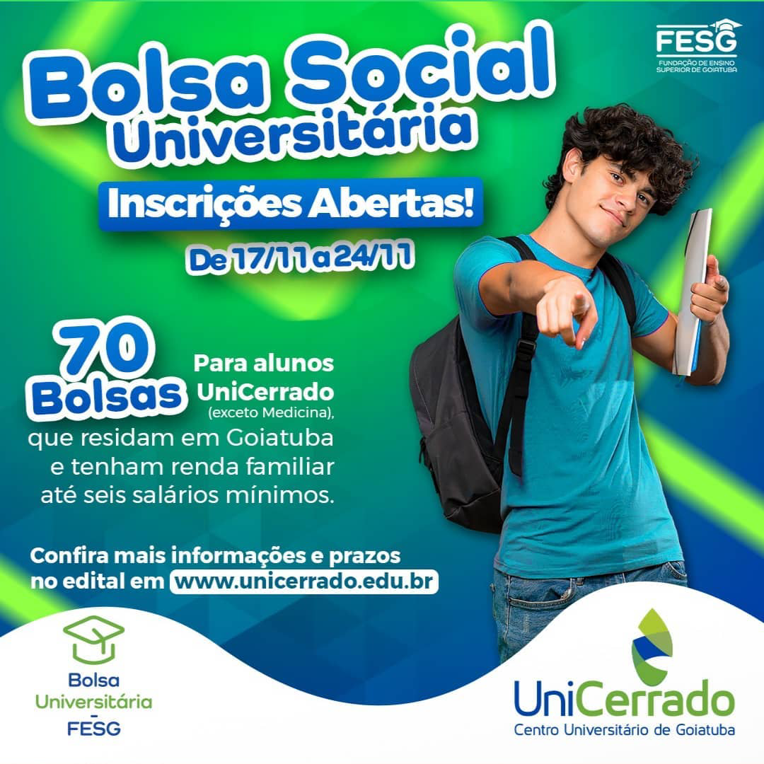 Abertas as Inscrições para o programa Bolsa Social Universitária da UniCerrado